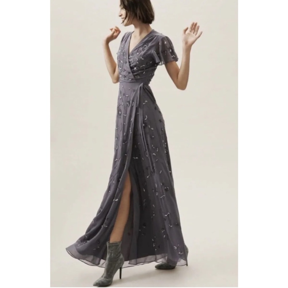 BHLDN Plymouth Grey Beaded Maxi Wrap Dress - Picture 2 of 10